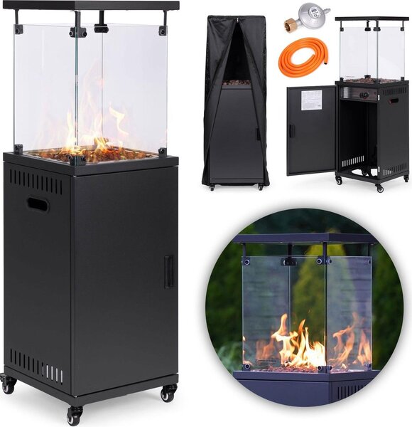Stufa a gas, stufa radiante, 13 kW, vetro, per giardino e terrazza, regolatore, pietre vulcaniche, copertura, MultiGarden