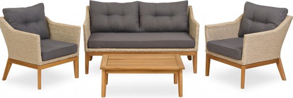 Set da salotto Endorphin Larissa, 4 pezzi: 2 poltrone, 1 divano, 1 tavolino; polyrattan in acacia effetto teak; mobili da giardino; set da giardino