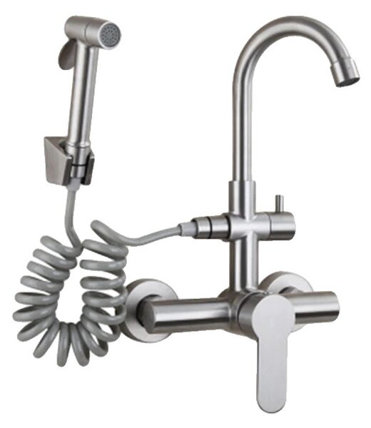 Rubinetto da cucina, struttura in acciaio inox, doccetta orientabile, giallo
