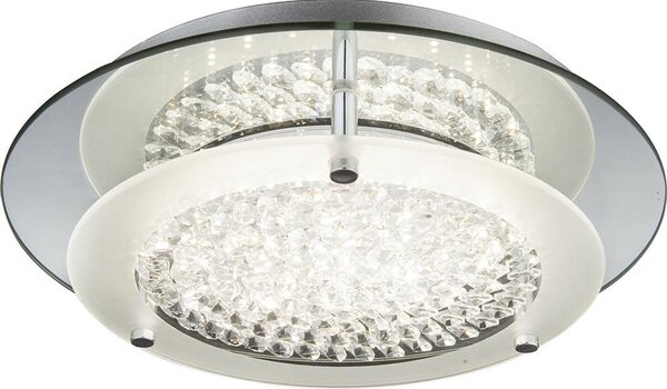 Lampada da soffitto a LED, cromata, con cristalli e bordo a specchio, diametro 28 cm