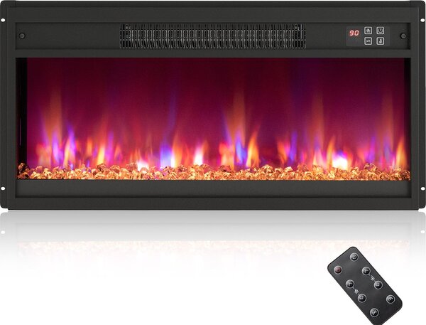 Caminetto elettrico COSTWAY 1500W con riscaldamento, termostato 17-32℃ Caminetto da incasso a parete con telecomando, timer, effetto fiamma 3D regolabile 68,3x11,7x34cm