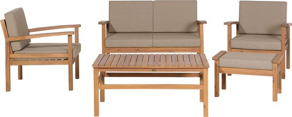 BELIANI Set di divani da giardino grigio cuscini marrone chiaro in legno di acacia 4 posti con tavolo set da esterno