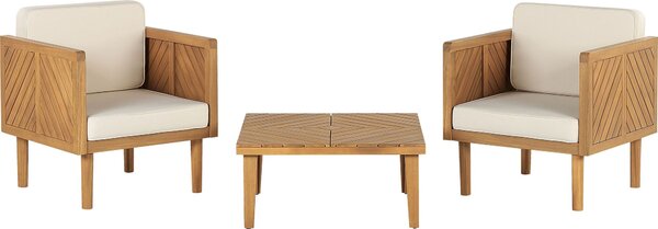 BELIANI Set bistrot da giardino in legno di acacia chiaro crema cuscini bianchi 2 poltrone tavolino design moderno giardino terrazza