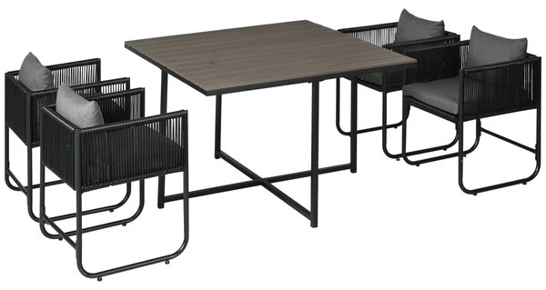 Set da giardino Outsunny in polyrattan, 5 pezzi: tavolo da pranzo con 4 sedie, grigio