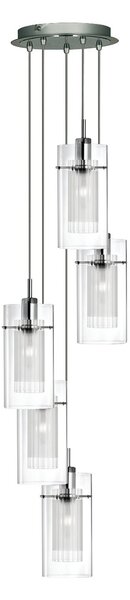Lampadario Contemporaneo Duo 1 Acciaio Argento Vetro Cromo 5 Luci E14