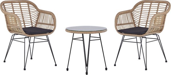 BELIANI Set da balcone, rattan naturale, 2 poltrone, tavolo rotondo, vetro di sicurezza, struttura in acciaio nero, terrazza, balcone, giardino, Boho