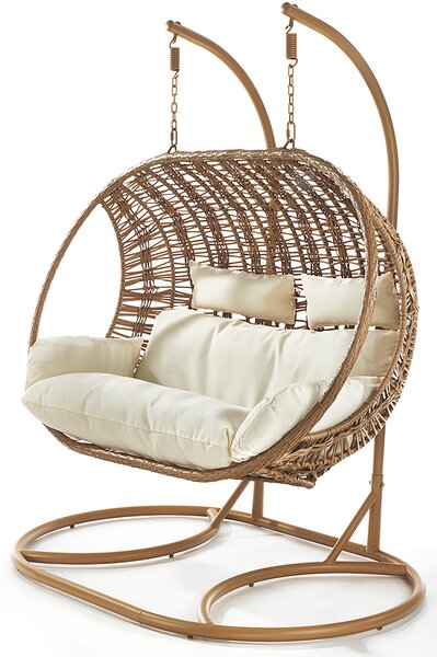 Kobolo Cesto sospeso MAKENA per 2 persone con cuscini inclusi con struttura in polyrattan marrone Divano a due posti Pouf sospeso Poltrona sospesa Altalena sospesa Poltrona sospesa Giardino