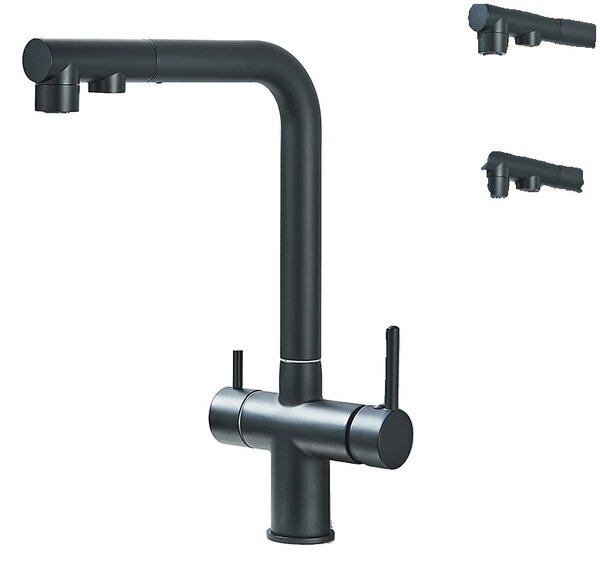 Rubinetto da cucina con doppia maniglia, funzionalità acqua calda e fredda, struttura in ottone resistente, nero