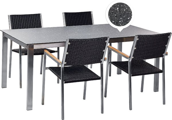 BELIANI Set da pranzo da giardino Piano del tavolo in granito nero Telaio in acciaio inox in vetro Set di 4 sedie Sedute in rattan PE Stile moderno per esterni