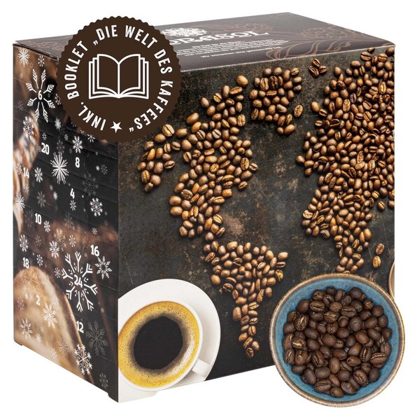 Calendario dell'Avvento Corasol Viaggio intorno al mondo del caffè con 24 miscele gourmet provenienti da 24 paesi, incl. libretto, chicchi di caffè interi (240 g)