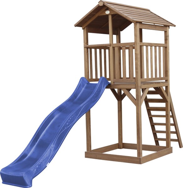 AXI Beach Tower parco giochi in legno in marrone | Torre di gioco per bambini con sabbiera e scivolo blu | Casa per bambini su palafitte per il giardino