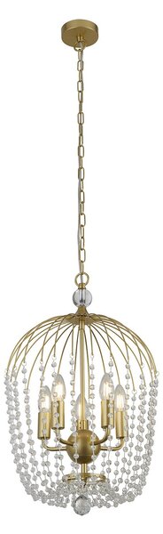 Lampadario Contemporaneo Shower Acciaio Oro Vetro Trasparente 5 Luci E14