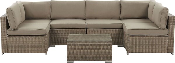 BELIANI Divano angolare da giardino in rattan artificiale marrone 6 posti a U con tavolo cuscini marroni giardino terrazza