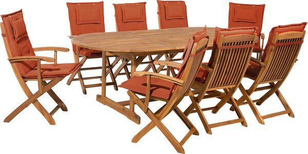 BELIANI Set di mobili da giardino in tessuto marrone chiaro rosso e legno di acacia 8 posti inclusi i cuscini terrazzo esterno moderno casa di campagna
