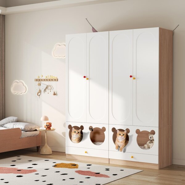 Armadio angolare Flieks Armadio a 2 pezzi con barra e ripiano, armadio contenitore con letto per gatti, 160x50x200cm, bianco