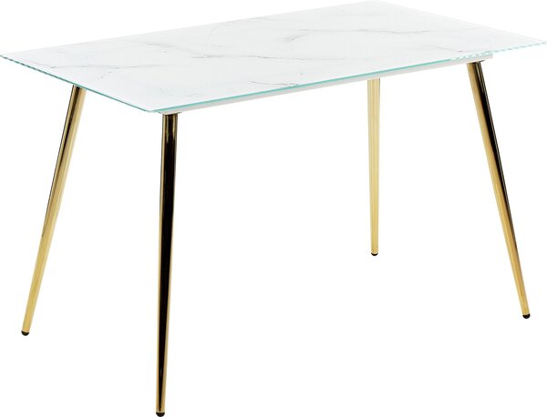 BELIANI - Tavolo da pranzo con effetto marmo, piano in vetro temperato dorato e gambe in metallo, superficie lucida, forma rettangolare, dimensioni 120 x 70 cm