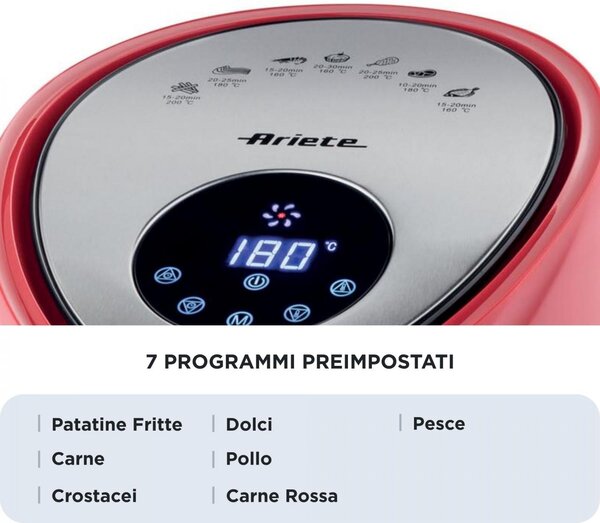 Ariete Friggitrice ad Aria Capacit 7 Litri Potenza 1800 Watt con Timer e Termostato Regolabile colore Rosso - 00C461801AR0 Airy Fryer XXL