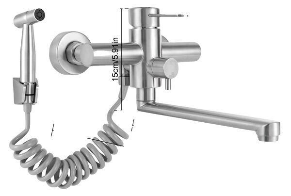 Rubinetto da cucina a parete, ruotabile a 360°, acciaio inox resistente, argento, G1/2