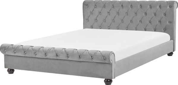 BELIANI Letto imbottito in velluto grigio chiaro 180 x 200 cm gambe in legno nero testata trapuntata camera da letto stile glamour