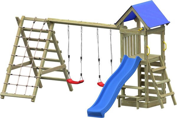 Torre giochi Endorphin Minoo Pro con tetto, scala, scivolo, altalena, pareti da arrampicata, sabbiera e tavolo da picnic
