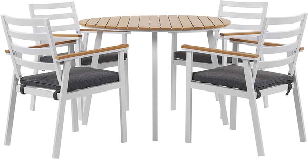 BELIANI Set da pranzo per esterni in alluminio bianco, 4 posti, tavolo rotondo, griglia da 105 cm sedie con sedili
