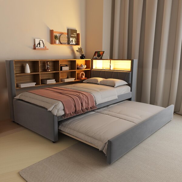Divano letto in flanella, estraibile, dimensioni 90 x 200 cm, con letto inferiore di 90 x 190 cm, illuminazione LED, prese USB, di tipo C e prese di corrente, oltre a vani portaoggetti, colore grigio scuro