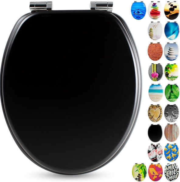 Sedile WC Sanfino® Premium "All Black": sedile WC di alta qualità in legno con chiusura ammortizzata, numerosi motivi colorati, facile da montare