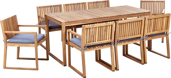 Set da giardino BELIANI da 8 posti, marrone chiaro, in legno di acacia , con tavolo e 8 sedie e cuscini blu, stile rustico-moderno, per terrazza e giardino