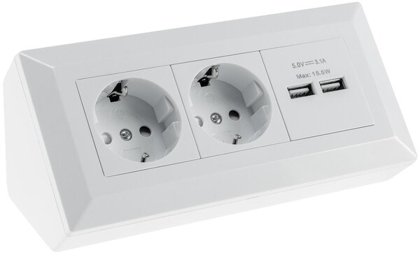 Presa di corrente angolare a blocco, a 2 ganci, USB-A, 3,1A, bianco