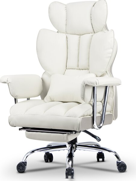 Sedia da ufficio con poggiapiedi - Sedia da scrivania ergonomica con cuscino di supporto lombare - Sedia direzionale grande in Finto cuoio con schienale alto - Bianco