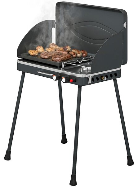 Barbecue a gas portatile Outsunny a 2 fuochi da 7 kW, barbecue da tavolo 2 in 1 con funzione di cottura arrosto