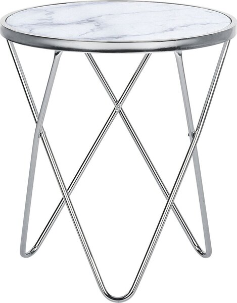 Tavolino BELIANI in argento bianco, vetro di sicurezza, gambe in metallo 50 x 55 cm, tavolino, marmo lucido, aspetto moderno