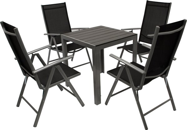 Set da giardino DEGAMO SORANO, 5 pezzi, in alluminio e finto legno, tavolo 70x70 cm