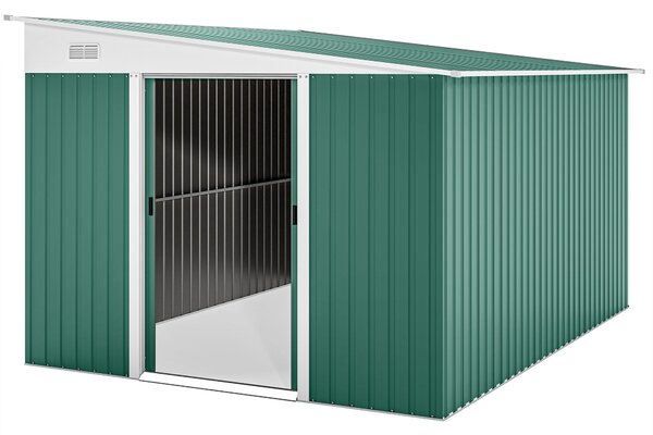 Outsunny, capanno per attrezzi in acciaio da 8,9 m², con tetto a falda, porta scorrevole, colore verde