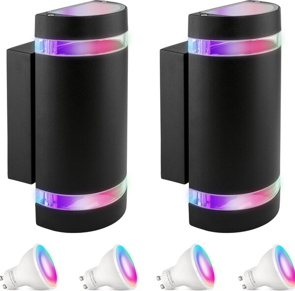 SSC-LUXon 2 pezzi lampada da esterno ZORA Up & Down IP44 nero rotondo - con applique LED SMART GU10 RGB - luce esterna per terrazza e ingresso di casa