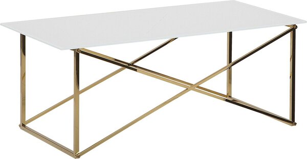 BELIANI Tavolino rettangolare Piano bianco Gambe dorate Piano in vetro temperato Base in acciaio inox 100 x 50 cm Glam Minimalista
