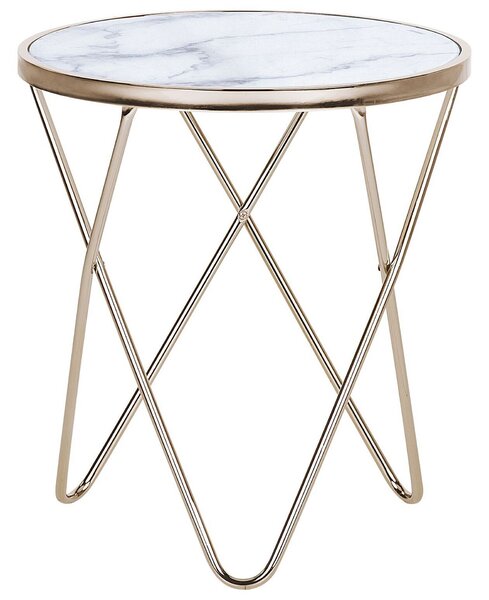 Tavolino BELIANI in oro bianco, vetro di sicurezza, gambe in metallo 50 x 55 cm, tavolino, marmo lucido, aspetto moderno