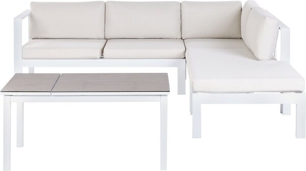 Set di divani da giardino a 5 posti BELIANI struttura in metallo bianco crema cuscini bianchi tavolino sollevabile set da esterno moderno scandinavo