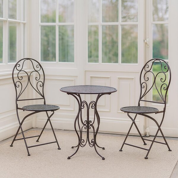 Set da bistrot in metallo composto da 3 pezzi, riccamente decorato Tavolo pieghevole Ø 60 cm e 2 sedie pieghevoli