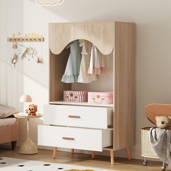 Armadio angolare Flieks Armadio con 2 cassetti, armadio con barra e vano a giorno, armadio per bambini 80x46x141,5 cm, finitura naturale