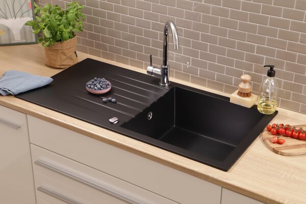 Lavello da cucina, lavello da incasso, lavello in granito massiccio 100 x 50, nero, Respekta Almonto