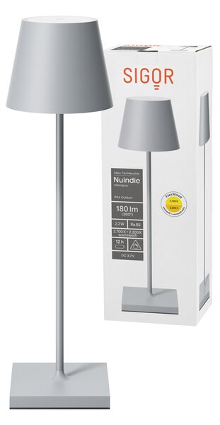 Lampada da tavolo LED ricaricabile, adatta anche per l'esterno, grado di protezione IP54, colore grigio nebbia, con porta USB-C, modello FlexMood