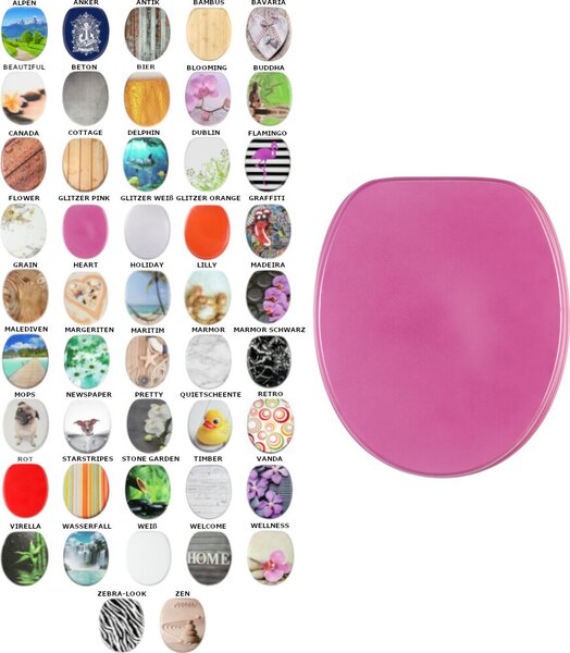 Sedile WC SANILO® con chiusura ammortizzata e chiusura rapida, rosa glitterato; coperchio per WC direttamente dal produttore, coperchio per WC, sedile per WC, coperchio per WC