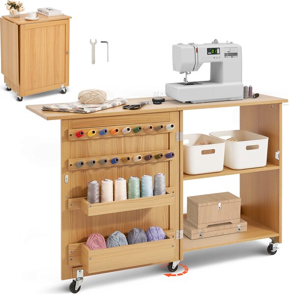 VEVOR Tavolo da cucito pieghevole, tavolo multifunzionale per macchine da cucire con rotelle, ripiani, vani portaoggetti, tasselli in legno e porta magnetica, colore legno per macchine da cucire