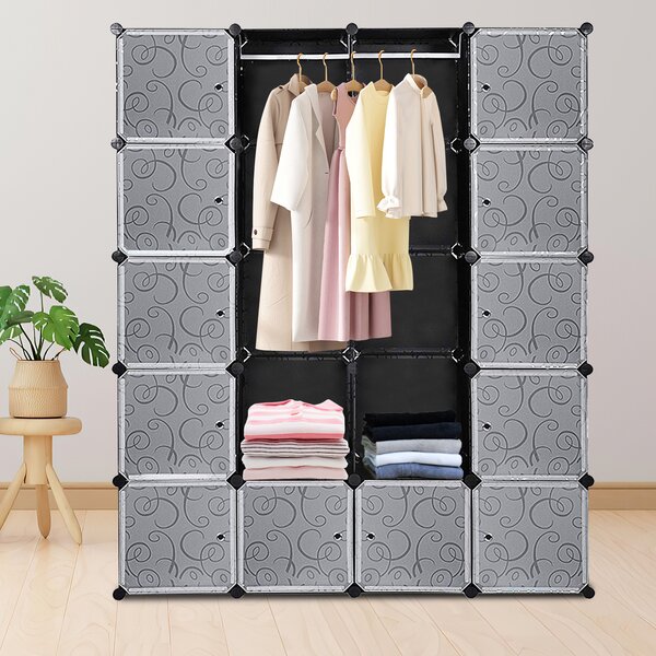 Hengda armadio sistema di scaffalatura fai da te 20 scatole con porta e 2 binari per vestiti Sistema di scaffalatura plug-in nero Armadi H.180cm con stampa