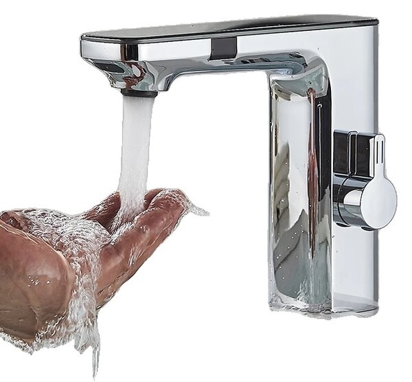 Miscelatore per lavabo a sensore intelligente, funzionamento touchless, robusta struttura in ottone, cromo