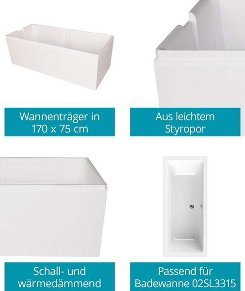 Supporto per vasca da bagno Calmwaters® 170 x 75 cm Modern Select, adatto per vasche da bagno rettangolari 170x75 cm, supporto in polistirolo, isolante acustico e termico, piastrellabile direttamente, supporto per vasca da bagno bianco, 03AX4970