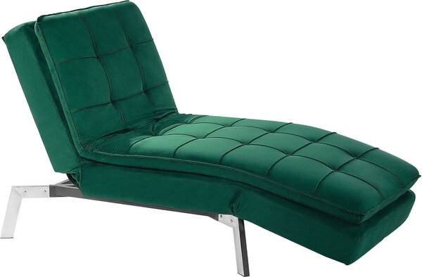 BELIANI: Divano letto chaise longue, colore verde smeraldo, rivestito in velluto. Schienale regolabile e funzione letto. Design retrò, stile glamour