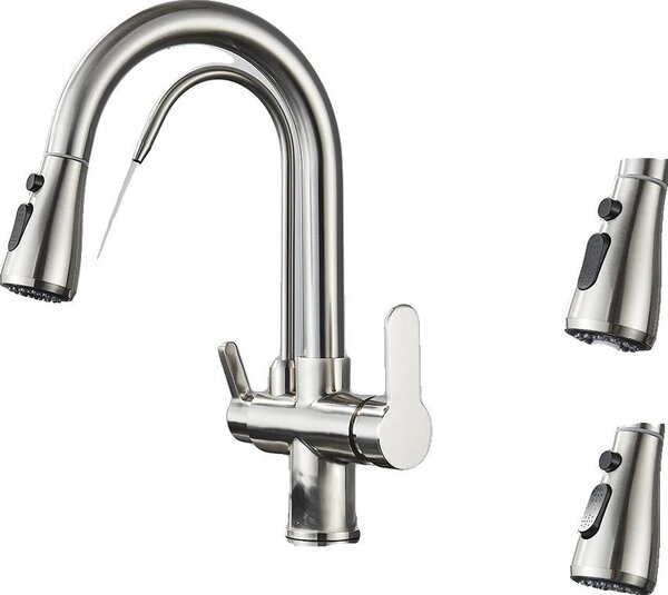 Rubinetto da cucina, bocca estraibile, doppia maniglia, nichel spazzolato