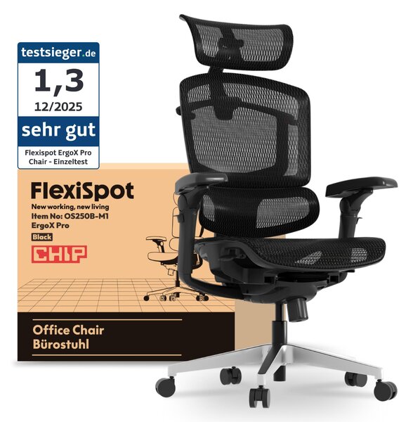 FLEXISPOT ErgoX Pro Sedia ergonomica per ufficio regolabile in altezza in 12 posizioni 7D braccioli 5D supporto lombare 4D poggiatesta Capacità di carico 250 kg Sedile in rete Nero